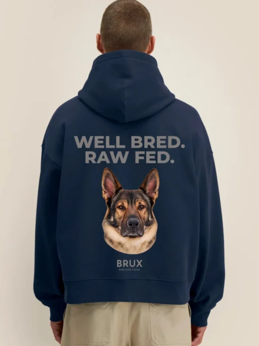 brux hoodie navy greyprint well bred raw fed